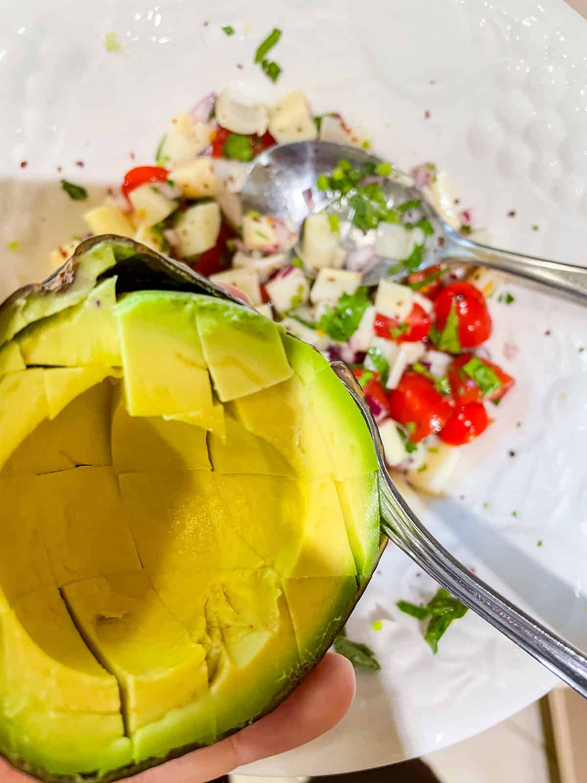 Process Step 3 - Cut avocado into cubes, then add to bowl