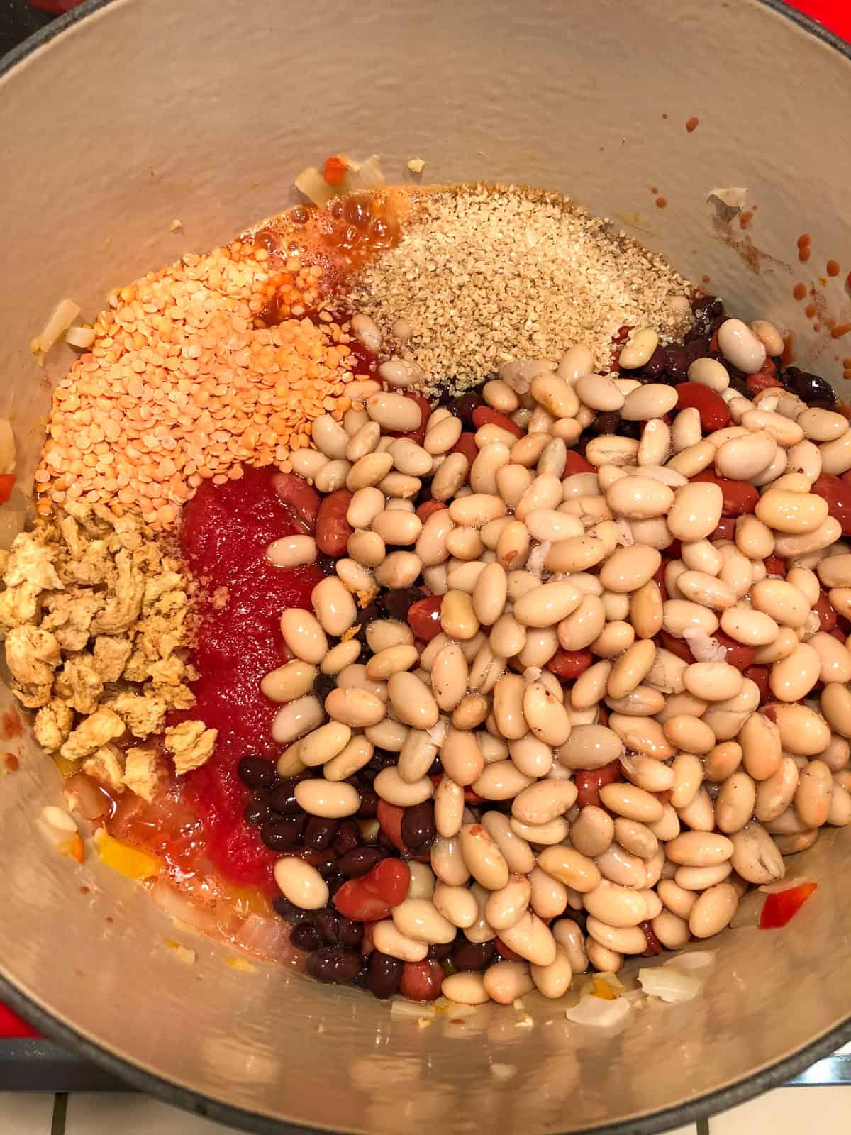 Process step 3 - add beans, lentils, soy curls and cracked wheat