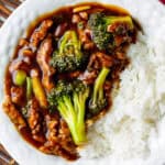 white bowl with steamed jasmine rice and soy curl beef and broccoli