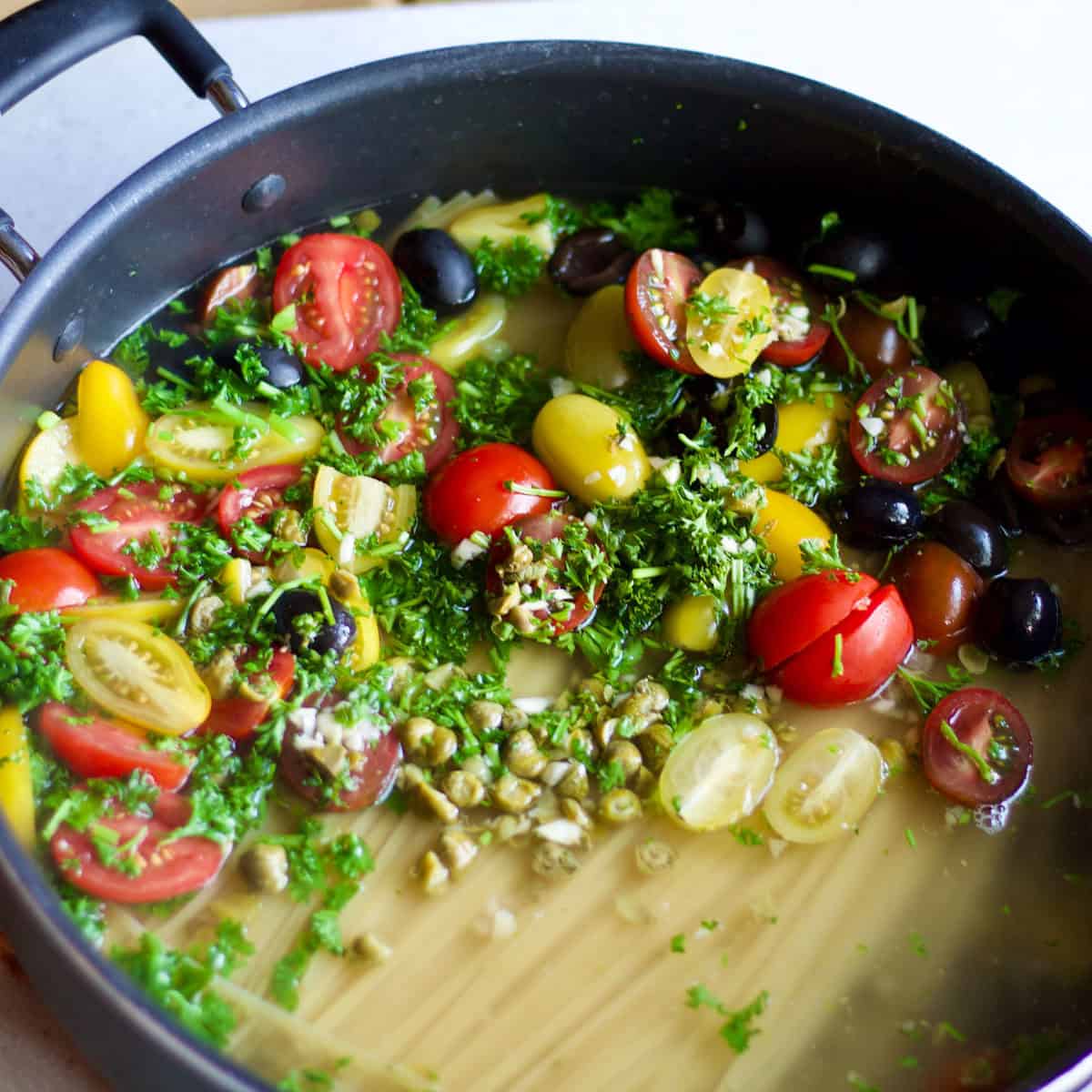 Process prep 5 - adding all ingredients to large wide skillet