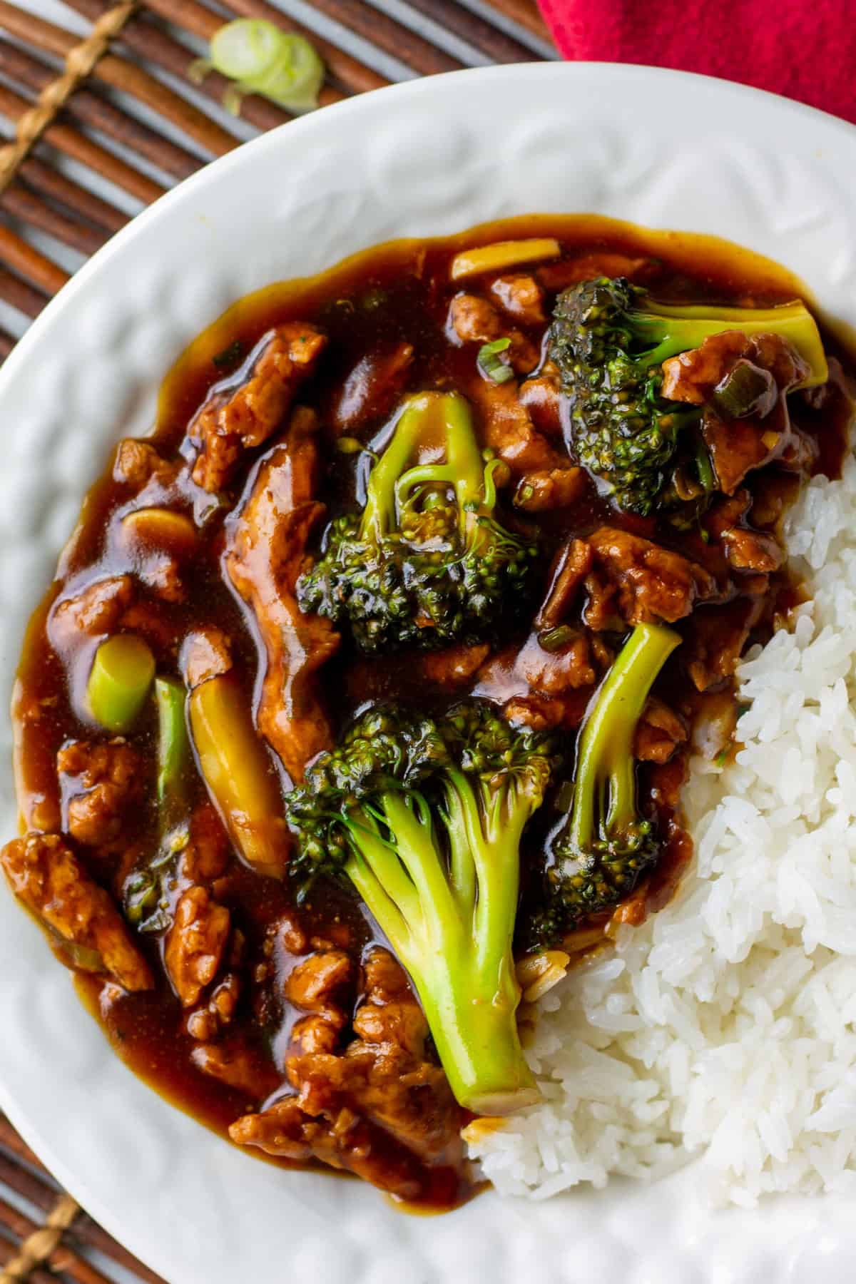 white bowl with steamed jasmine rice and soy curl beef and broccoli