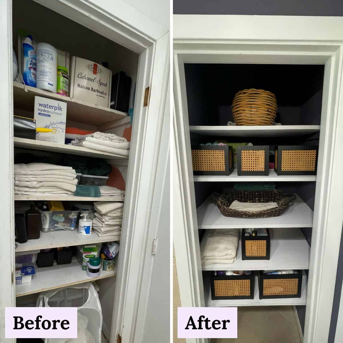 Before and after photos of bathroom makeover with no demolition or major remodeling with dark purple-gray wall paint