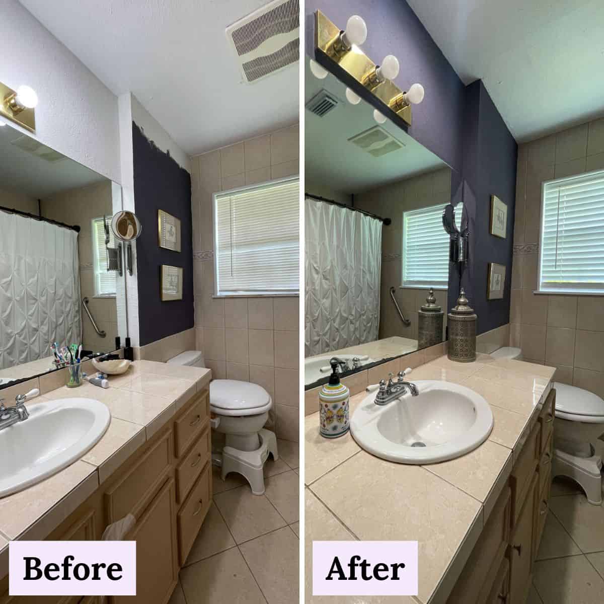 Before and after photos of bathroom makeover with no demolition or major remodeling with dark purple-gray wall paint