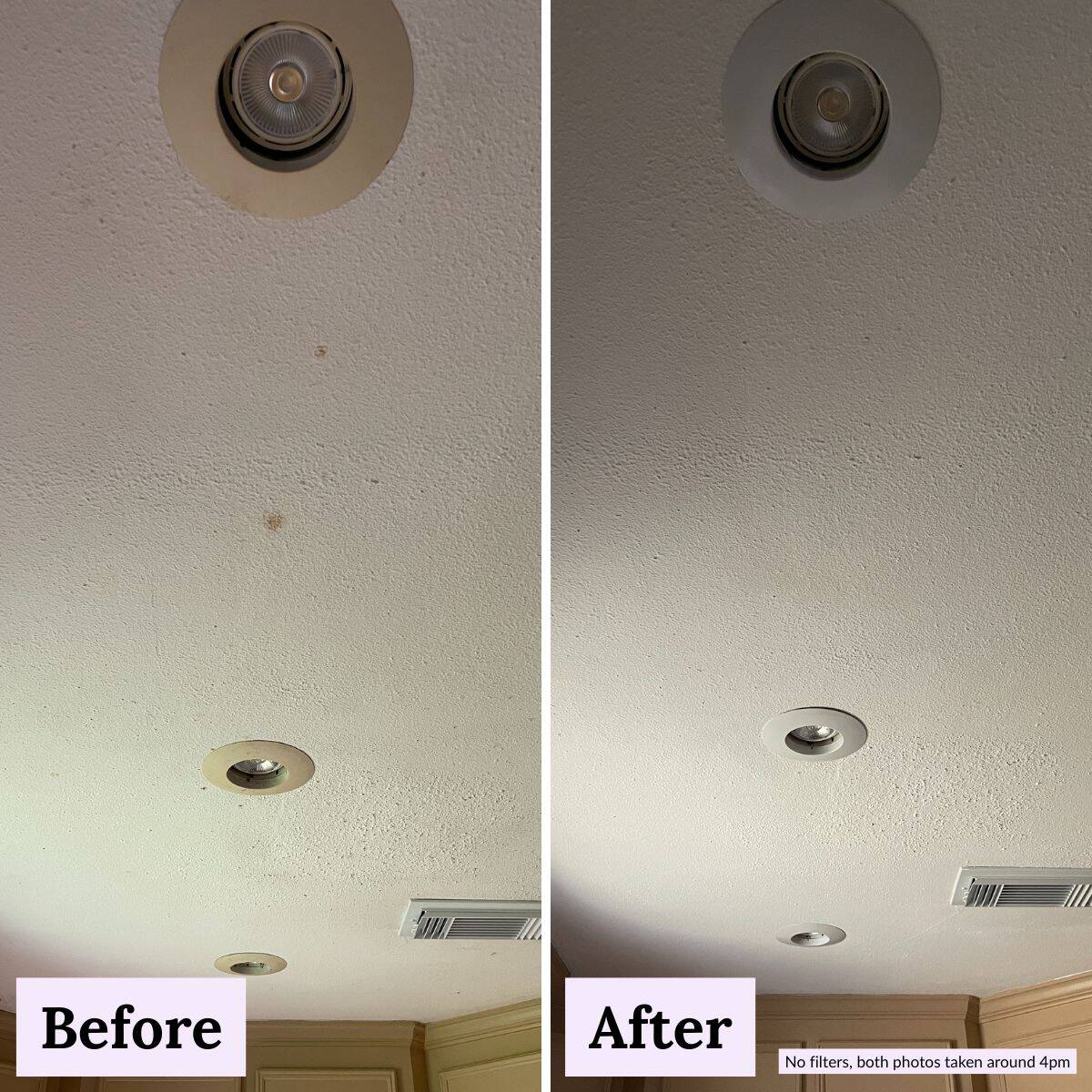 Before and after collage of kitchen ceiling, HVAC register cover and recessed lighting covers showing difference painting with natural, zero-VOC paint makes in covering stains and refreshing surface