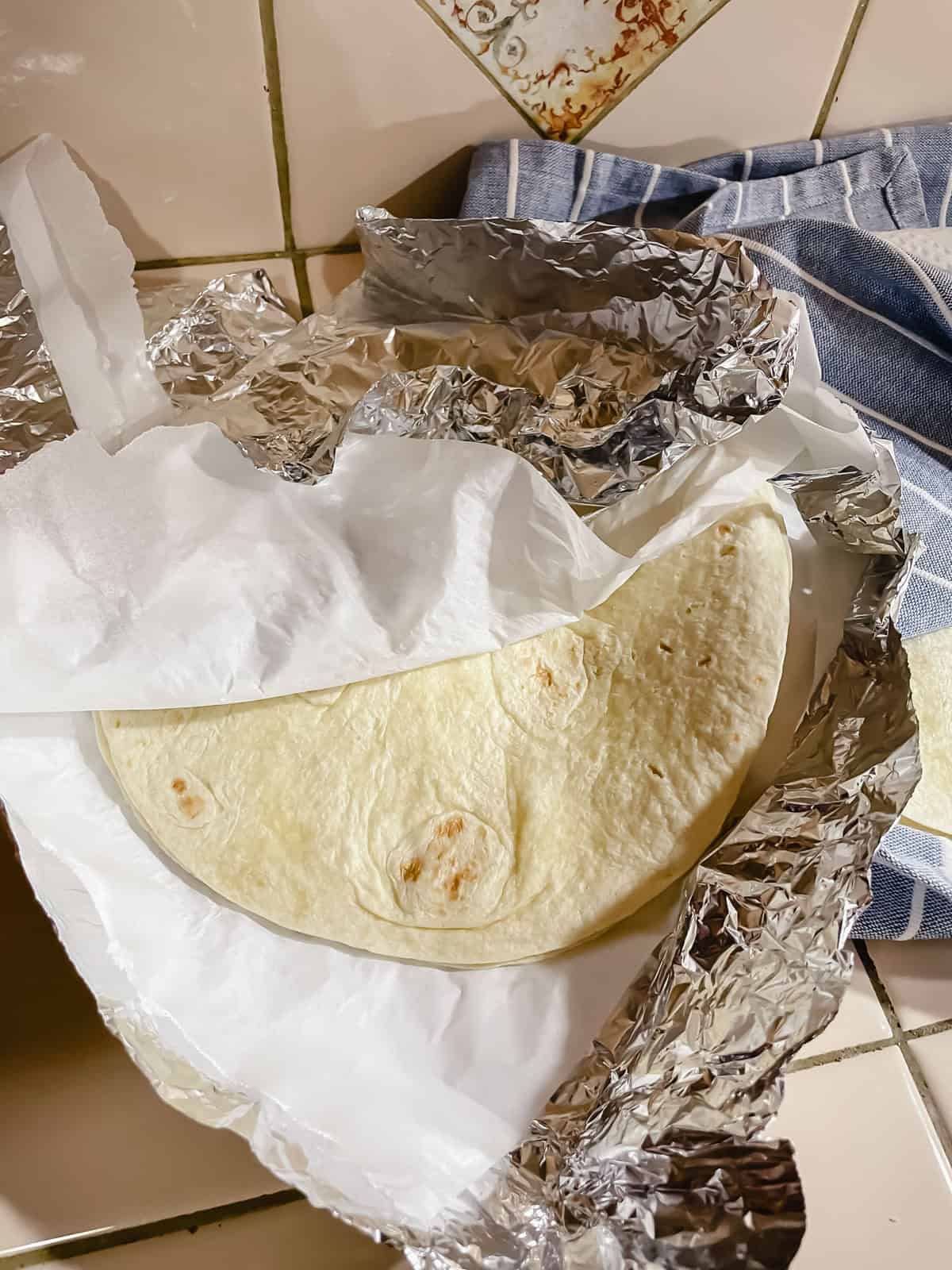 Flour tortilla (heated in oven inside parchment-lined foil pouch)