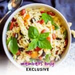 white bowl filled with orzo basil kidney bean vegetable pasta salad with a sprig of fresh basil resting on top and a spoon nearby