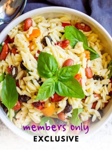white bowl filled with orzo basil kidney bean vegetable pasta salad with a sprig of fresh basil resting on top and a spoon nearby