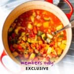 Red dutch oven full of vegetable potato stew and ladle with words "members only exclusive" overlaid