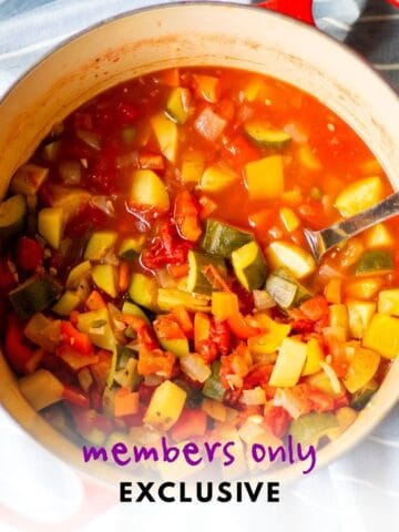 Red dutch oven full of vegetable potato stew and ladle with words "members only exclusive" overlaid