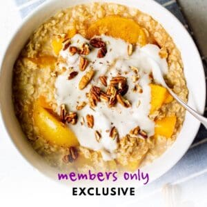 white bowl full of non-dairy peaches and cream oatmeal with pecans and vanilla yogurt on top - label reads "members only exclusive"