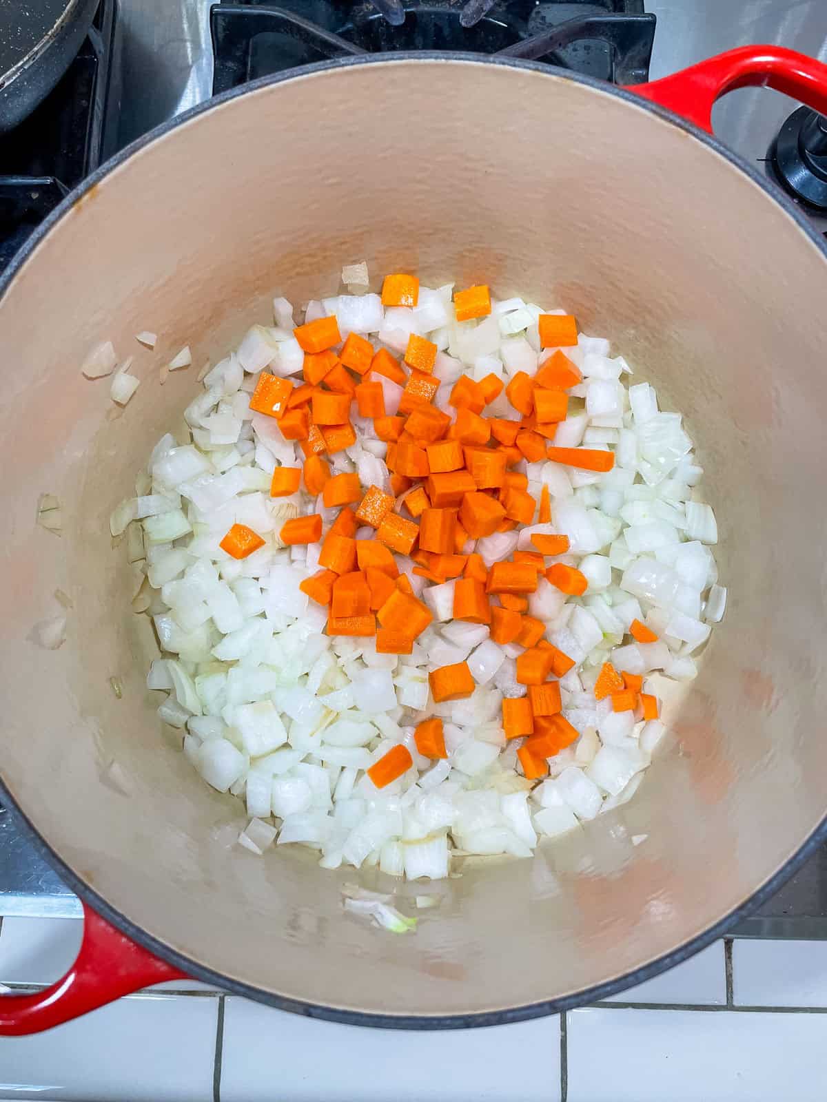 carrots added to onions in pot