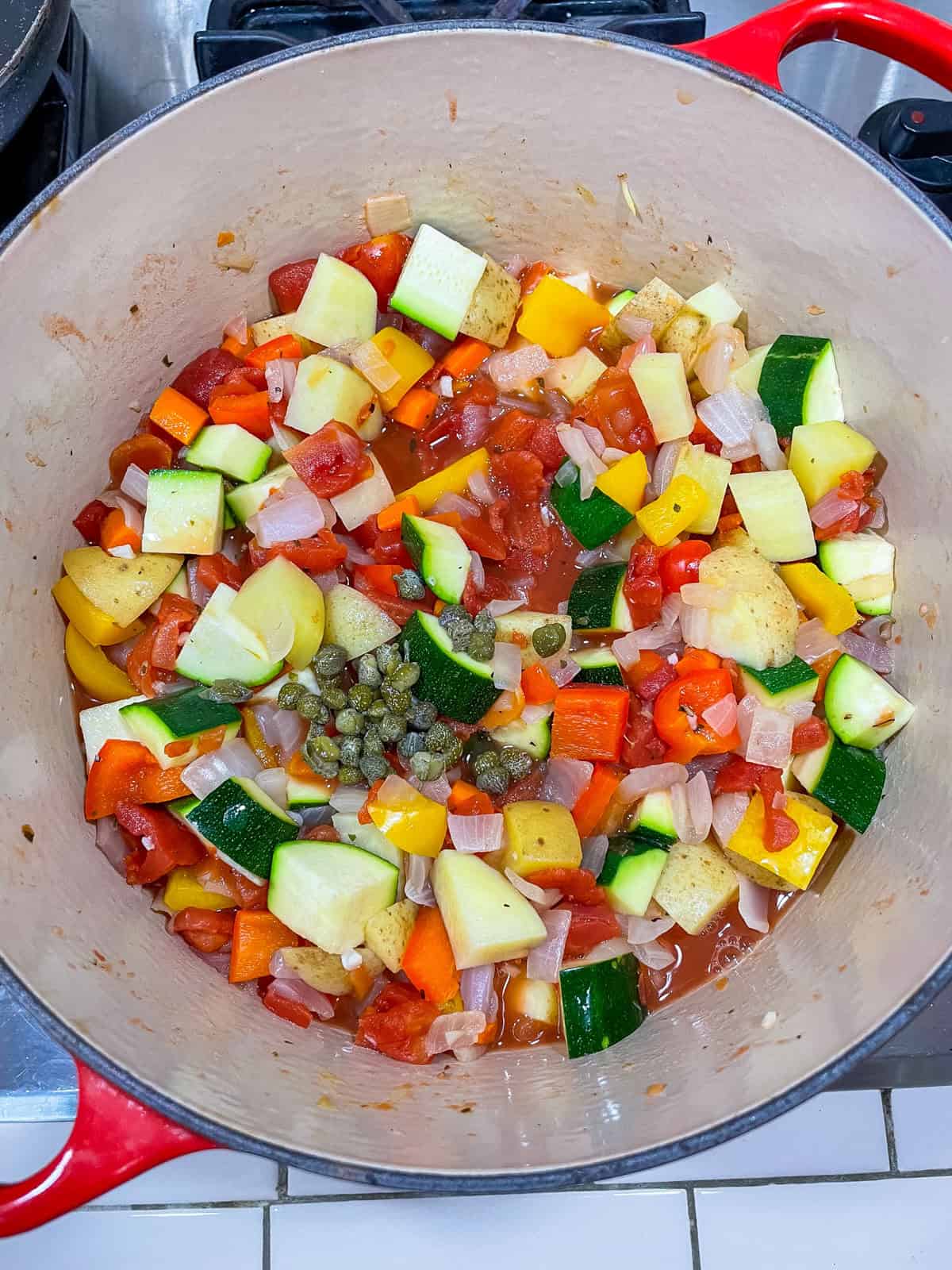 stew cooking in dutch oven
