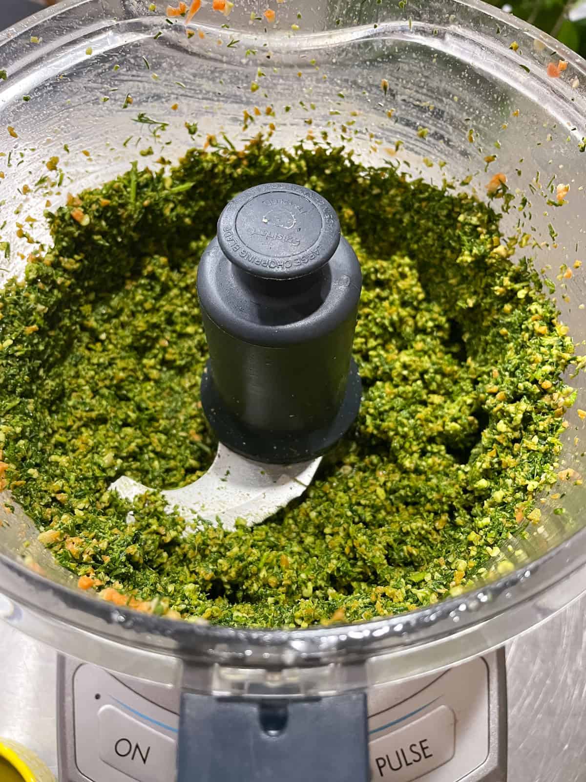 ground pesto inside food processor before adding oil