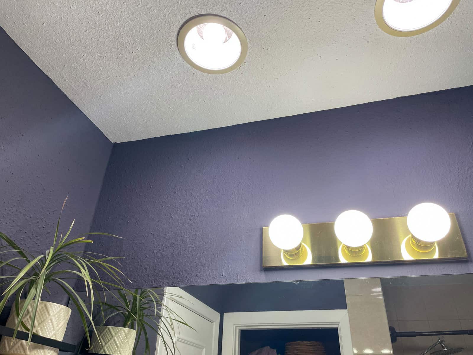 Bathroom ceiling and vanity lights above textured walls painted with James Alexander Natural Paint, showing consistent color and finish one year later.