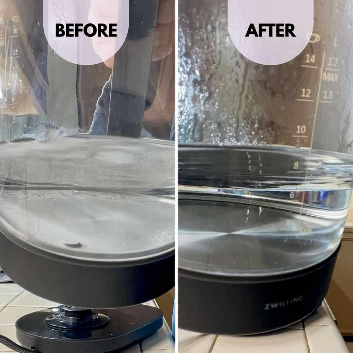 Before and after comparison of an electric kettle cleaned with white vinegar, showing limescale buildup removed from the kettle bottom without scrubbing.