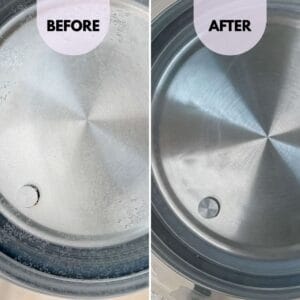 Close-up before and after view of electric kettle descaling with vinegar, showing hard water stains and mineral deposits removed from the stainless steel heating plate.