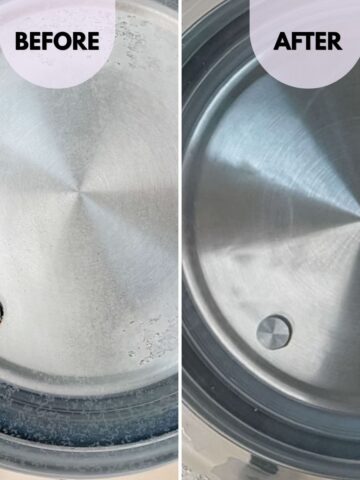 Close-up before and after view of electric kettle descaling with vinegar, showing hard water stains and mineral deposits removed from the stainless steel heating plate.