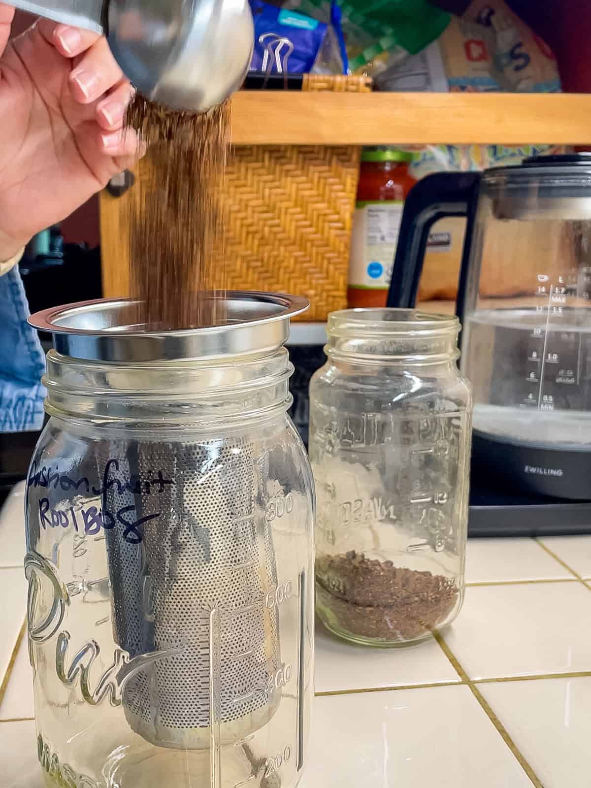 Adding loose leaf rooibos tea to a stainless steel tea infuser basket for brewing rooibos iced tea.